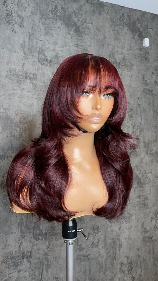 *New* Glueless 6x6 Burgundy Bang Wig